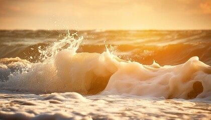 Canvas Print - ai generative of sunset on the beach with golden light, blur and close-up of wave or ripples