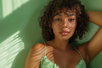 Young woman with curly hair leaning against green wall in sunlight