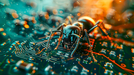 Close-up of an ant crawling on a computer circuit board, highlighting the interconnectedness of technology and nature.