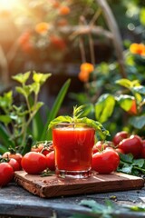 Wall Mural - freshly squeezed tomato juice on the background of the garden. Selective focus