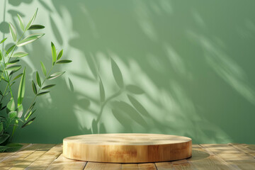 Natural bamboo product display podium on a serene green background: Fresh and eco-friendly, ideal for organic skincare or wellness products, the bamboo podium and green background evoke a sense of