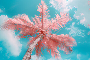 Wall Mural - pink palm tree, infrared photography, tropical vibes, blue sky, summer mood, pink and turquoise colors