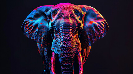 Canvas Print - Epic portrait of an elephant, vibrant colors on black background, neon glow effect


