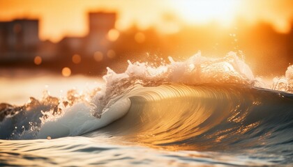 Wall Mural - ai generative of sunset in the city with small wave and closeup of foam of the water