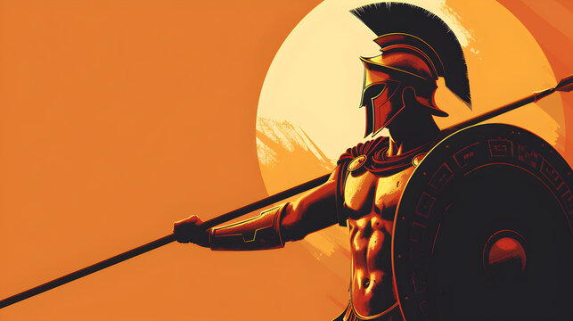 Illustration of a Spartan warrior with a Spartan shield and spear.


