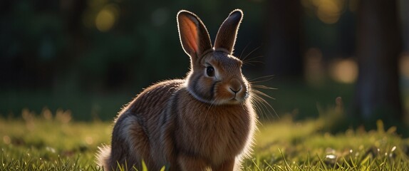 a cute brown rabbit sits in a green field