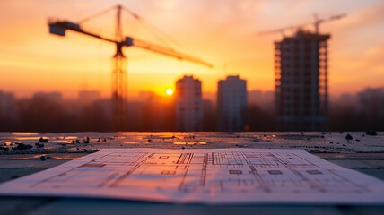Construction drawing on the background of a multi-storey residential building, an image of the housing construction industry