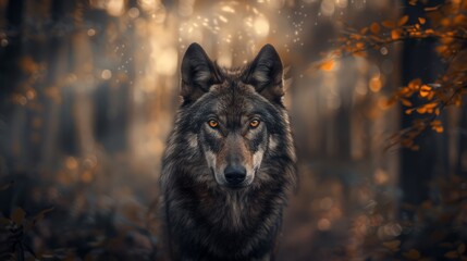 Poster - A close up of a wolf with yellow eyes in the woods, AI