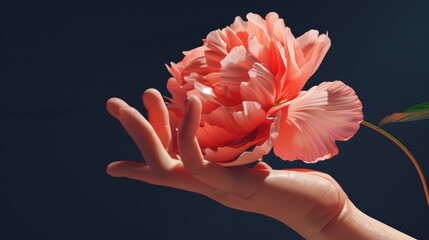 Wall Mural - A hand holding a large pink flower with the stem sticking out, AI