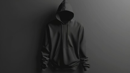 A simple, black hoodie against a dark background, evoking a minimalist and mysterious atmosphere.