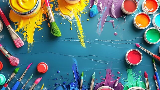 Artistic back to school banner featuring vibrant paints and brushes