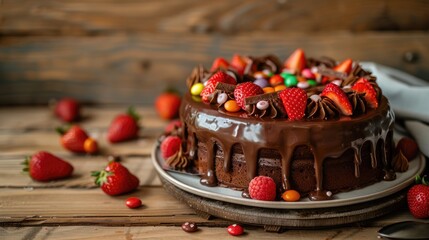 Wall Mural - Homemade chocolate cake with strawberries and candies on a wooden table