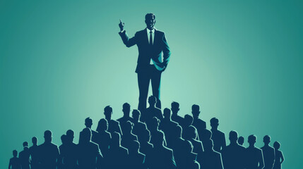 Illustration of a business leader standing above a crowd, symbolizing leadership and authority in a corporate setting.