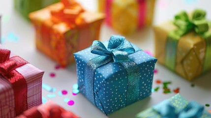 Poster - Colorful small gift boxes in close up on a white background with vibrant wrapping paper