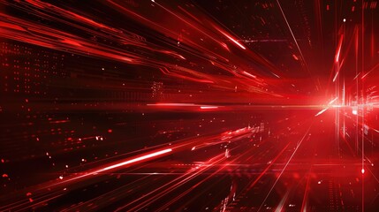 Abstract red futuristic technology background with glowing lines creating motion and speed effect in digital space.