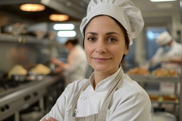 Middle aged Caucasian female chef in toque with arms crossed wears apron standing in restaurant kitchen and smiling, sharp focus, eyes against camera, high light on face.