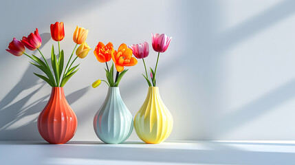 Wall Mural - Colorful flowers in three vases adorn the table, creating a beautiful display