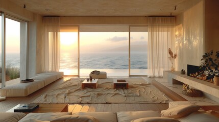 Wall Mural - Modern minimalist living room with ocean view at sunset