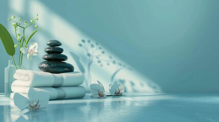 Wall Mural - Tranquil spa setting with zen stones flowers and towels on light blue backdrop Serene relaxation scene