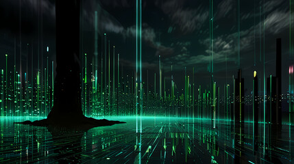 Wall Mural - Illustrate a virtual reality landscape where the ground and sky are made of green code, reflecting the Matrix theme