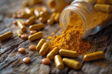 Poster - A glass jar spills golden turmeric powder onto a wooden surface. The jar is partially full, and a heap of the golden powder