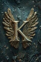 Wall Mural - A stylized gold letter K with wings on a dark or black surface, often used as a symbol of luxury, elegance, and sophistication