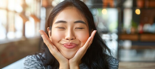 Wall Mural - Stylish young woman blowing kiss in sunlit caf     minimalist and chic vibes at the table