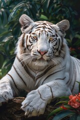 Wall Mural - A majestic white tiger is resting on the top of a tree branch, surrounded by lush greenery