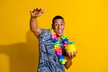 Sticker - Photo of cheerful positive guy dressed print shirt flower accessory drink cocktail having fun isolated yellow color background