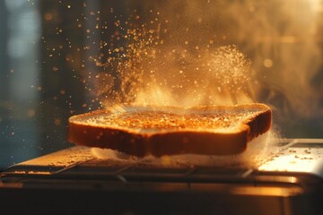 Close-up shot of a toaster oven with a single slice of toasted bread inside