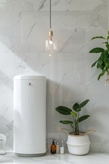 Wall Mural - A close-up view of a white refrigerator sitting on a counter next to a potted plant