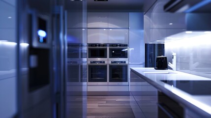 Wall Mural - A contemporary kitchen interior with white cabinets and a blue light ambiance