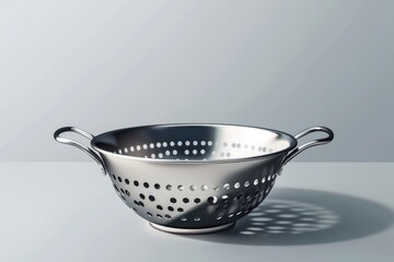 A stainless steel colander placed on a table, ready for use in kitchen or food preparation