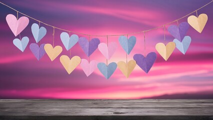 Wall Mural - Colorful heart-shaped paper hanging decorations and wooden plank with a pink sunset sky background.