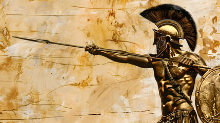 Wall Mural - An ancient Greek hoplite wearing a Corinthian helmet and wielding a spear, illustration.


