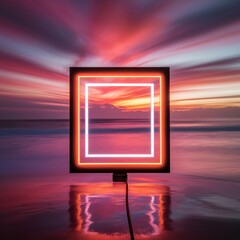 Wall Mural - Glowing square neon frame with water reflection in the middle of the sunset sky environment.