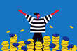 © ADDICTIVE STOCK - Successful Businessperson Standing on Stacks of Coins. Generative AI