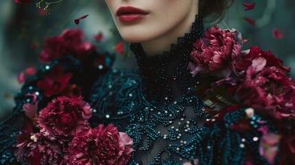 Poster - A woman with a flower crown and red dress posing in front of flowers, AI