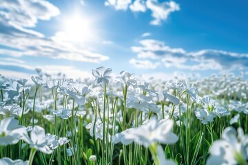 Wall Mural - Field of white flowers with a clear blue sky, perfect for use in photography, design or illustration projects