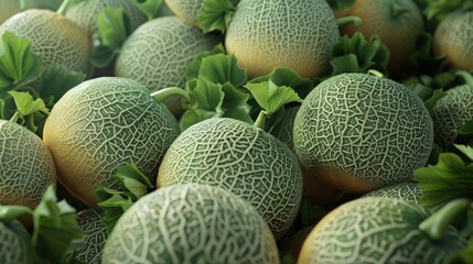 Wall Mural - A still life image of various melons sitting atop a pile of green leaves