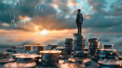 A person standing on a pile of coins, possibly symbolizing wealth or financial success