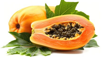 A fresh papaya cut in half, revealing its bright orange flesh and surrounded by lush green leaves