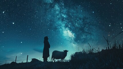 Poster - A person standing on a hill with a sheep in the background