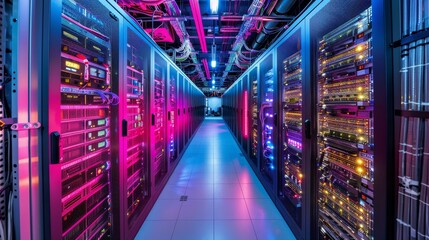 High-performance data center and network equipment in operation.