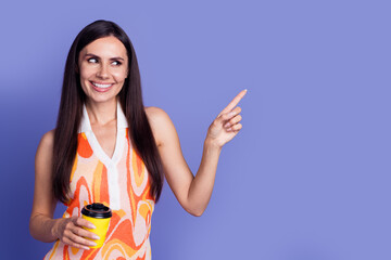 Poster - Photo of dreamy adorable lady wear dress drinking coffee pointing emtpy space isolated purple color background