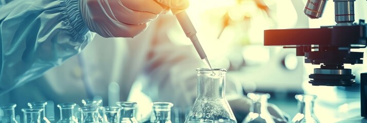 Wall Mural - Scientist in lab coat conducting precise experiment with test tube under microscope glow