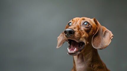 Wall Mural - A surprised Dachshund dog with wide eyes and an open mouth, looking to the left with an astonished expression.