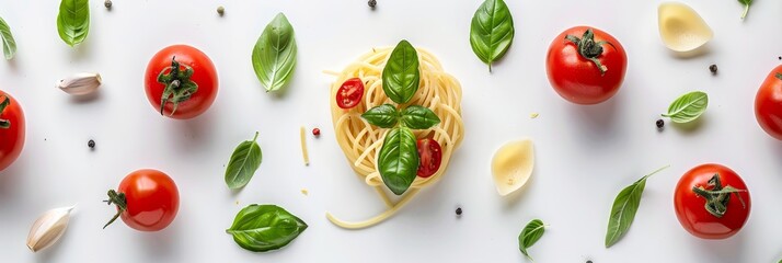 Wall Mural - Fresh tomato and basil spaghetti presentation on white background for single serving