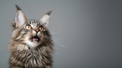 Canvas Print - A surprised Maine Coon cat with wide eyes and an open mouth, looking to the left with an astonished expression.