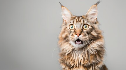 Poster - A surprised Maine Coon cat with wide eyes and an open mouth, looking to the left with an astonished expression.